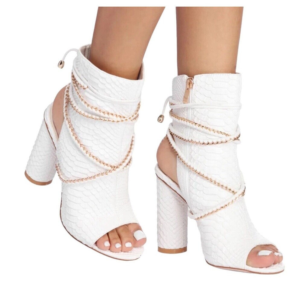 Azalea Wang Ladies Vegan Snake Skin White Open Toe Booties Size 7.5 Wrap UP